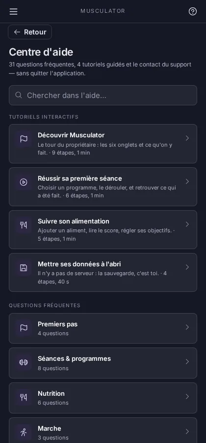 Centre d'aide : recherche, tutoriels interactifs et catégories de questions fréquentes.
