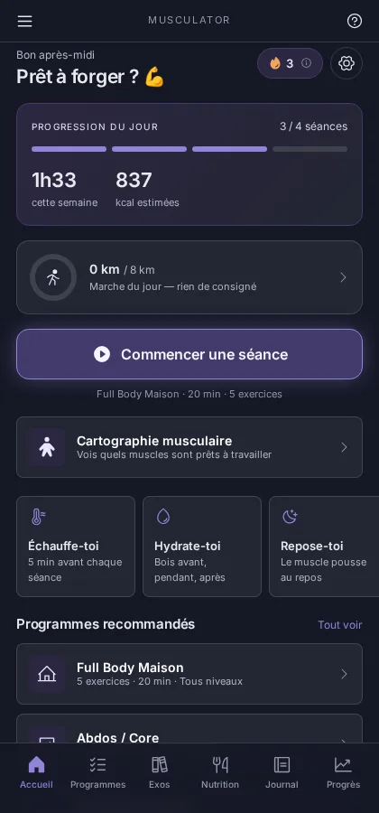 Capture de l'application : écran d'accueil avec la progression du jour, la marche du jour, le bouton « Commencer une séance » et des programmes recommandés.