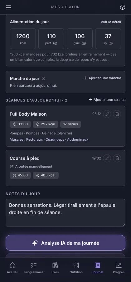 Journal du jour : alimentation, marche, séances du jour, note et bouton Analyse IA de ma journée.