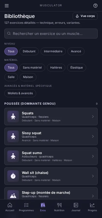 Bibliothèque d'exercices avec champ de recherche, filtres de niveau et de matériel, exercices groupés par schéma de mouvement.