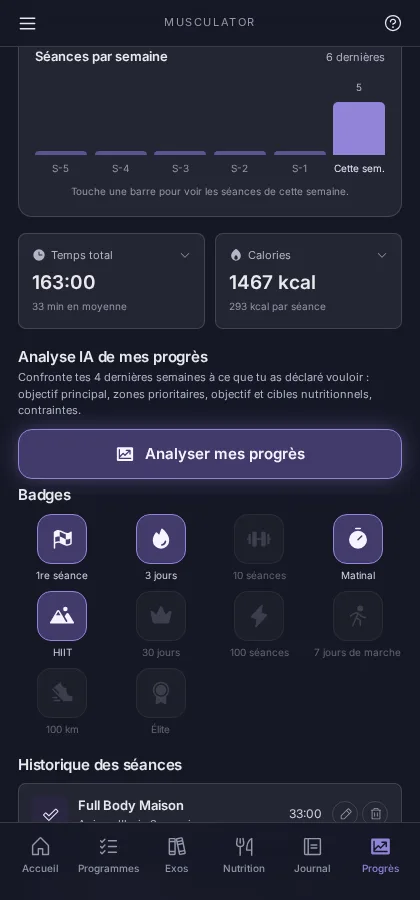 Écran Progrès : séances par semaine, temps total, calories, bouton Analyser mes progrès et badges.
